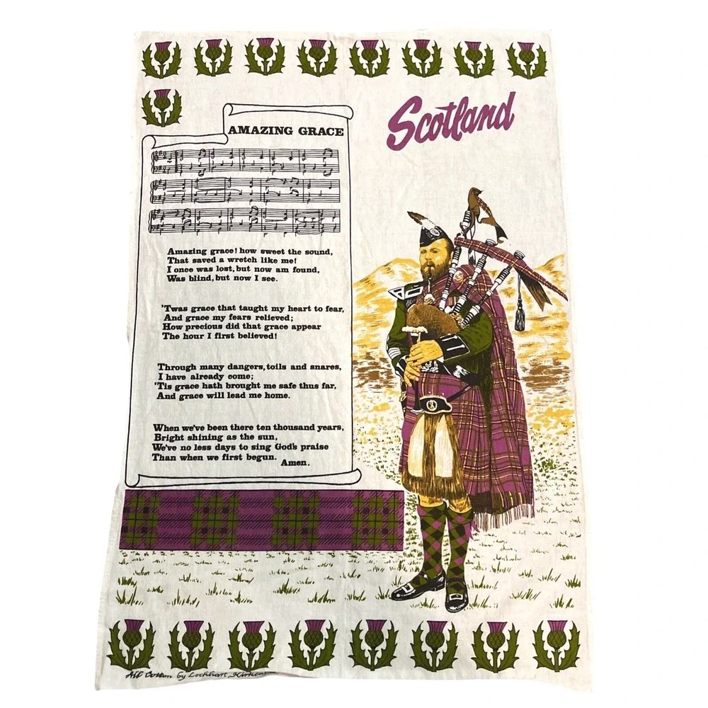 Linen Tea‎ Towel Souvenir of Scotland Kirkcaldy Lockhart Amazing Grace Bagpipe